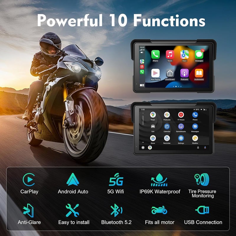 fuyuadas Wireless Motorcycle Apple Carplay,5 Inch Portable Motor GPS Navigation with Apple Carplay & Android Auto,Siri & Google Assistant, Anti-Glare/Bluetooth 5.2/ Voice Control/ IP69K Waterproof Touchscreen - Image 2